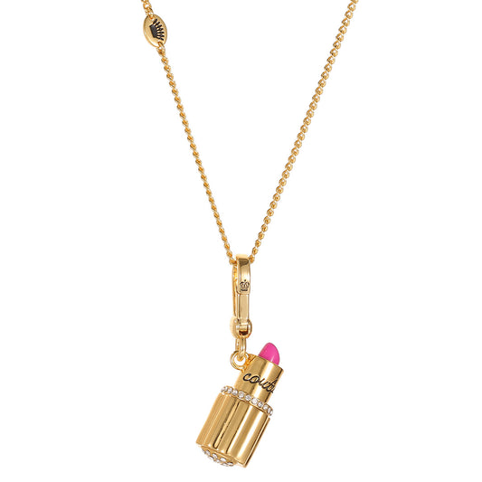 Enamel glazed diamond studded metal letters Barbie pink lipstick rotatable pendant necklace