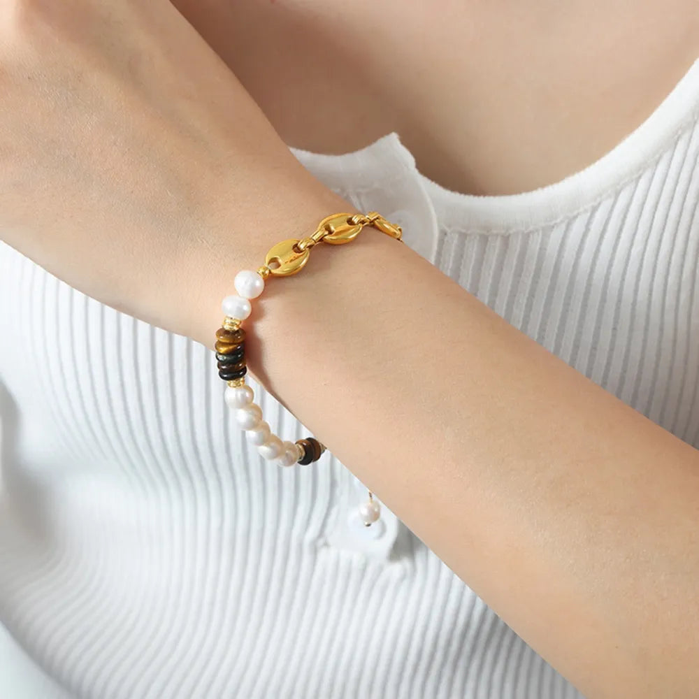 Freshwater Pearl Tiger Eye Stone Pig Nose Bracelet