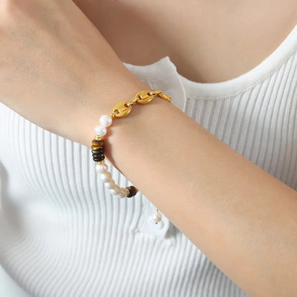 Freshwater Pearl Tiger Eye Stone Pig Nose Bracelet